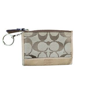 Coach Signature Canvas Coin Purse Wallet Zip Pouch Key Ring Tan Brown